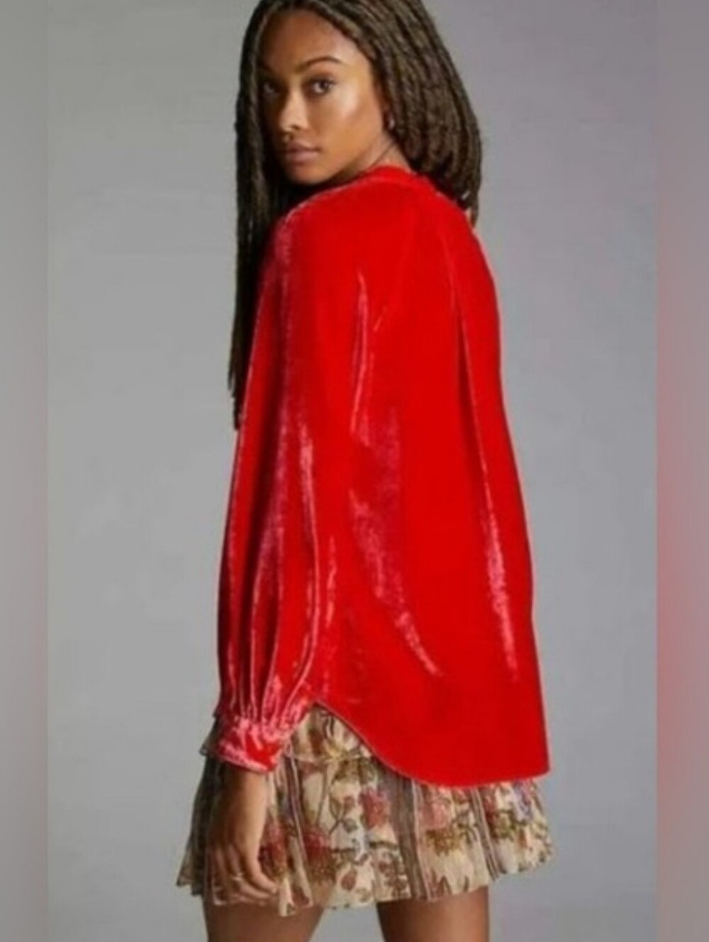 Pilcro Red Velvet Button-Down Shirt Holiday Parth Whimsigoth Going Out Size Lg. - Picture 6 of 15